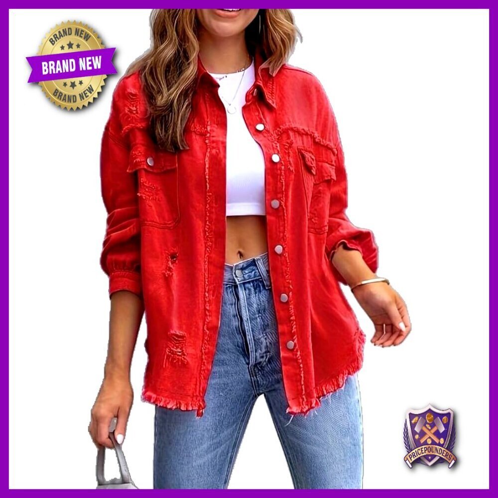 Oversized Denim Jacket Vintage Boho Distressed Casual Button Down Long Sleeves